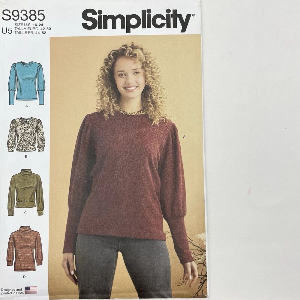 Simplicity S9385 Sewing Pattern Misses Knit Tops High Neck Cuff Sleeves Sz 16-24
